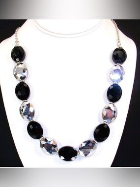 Black and gray glass oval bead necklace with small silver beads, formal neck New